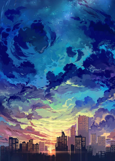 Stadt unter aufgewühlten Wolken Diamond Painting