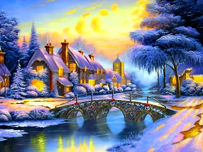 Steinbrücke und Hütte im Winter Diamond Painting