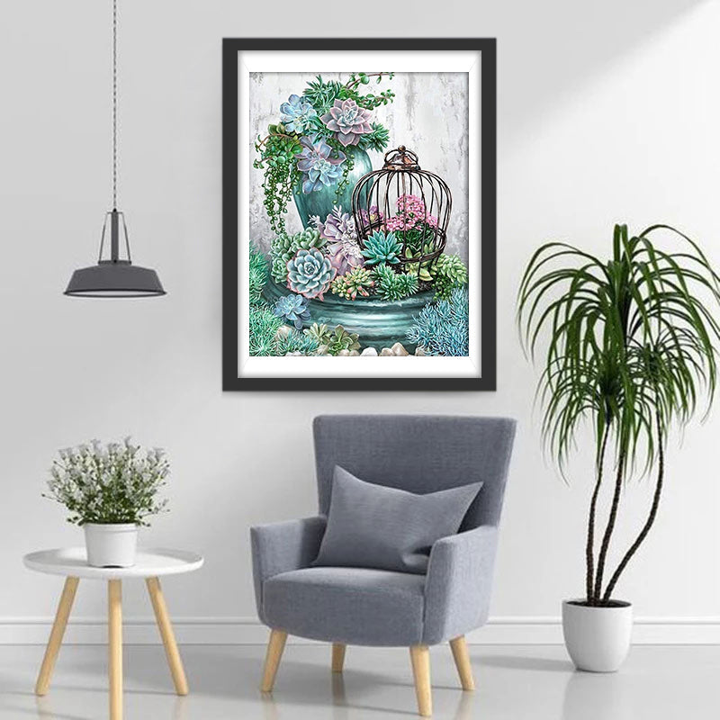 Sukkulenten und Vogelkäfig Diamond Painting