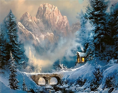 Tal und Steinbrücke im Winter Diamond Painting