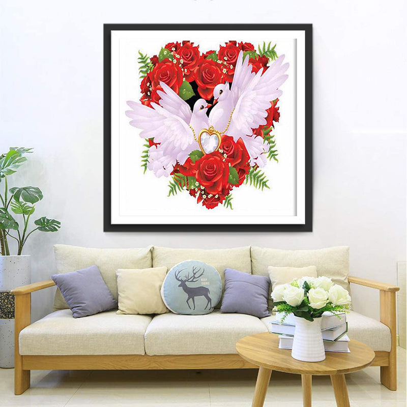 Taubenpaar und rote Rosen Diamond Painting