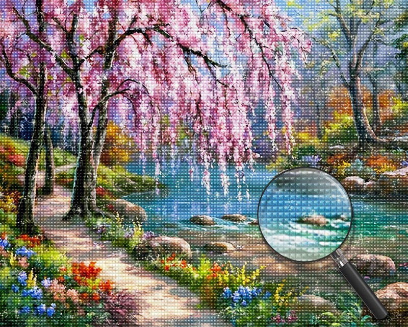 Teich Blumen Frühling Diamond Painting