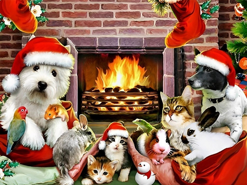 Tiere am Kamin Diamond Painting