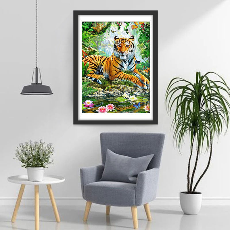 Tiger und Lotosblumen im Dschungel Diamond Painting