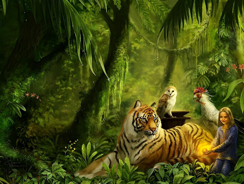 Tiger und Mädchen im Regenwald Diamond Painting