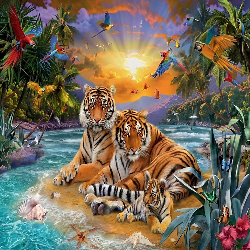 Tiger und Vögel im Wald Diamond Painting