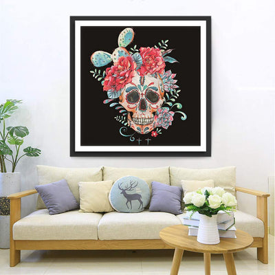 Totenkopf, Blumen und Kaktus Diamond Painting