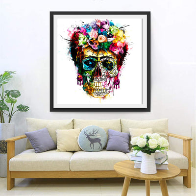 Totenkopf mit bunten Blumen und Brille Diamond Painting