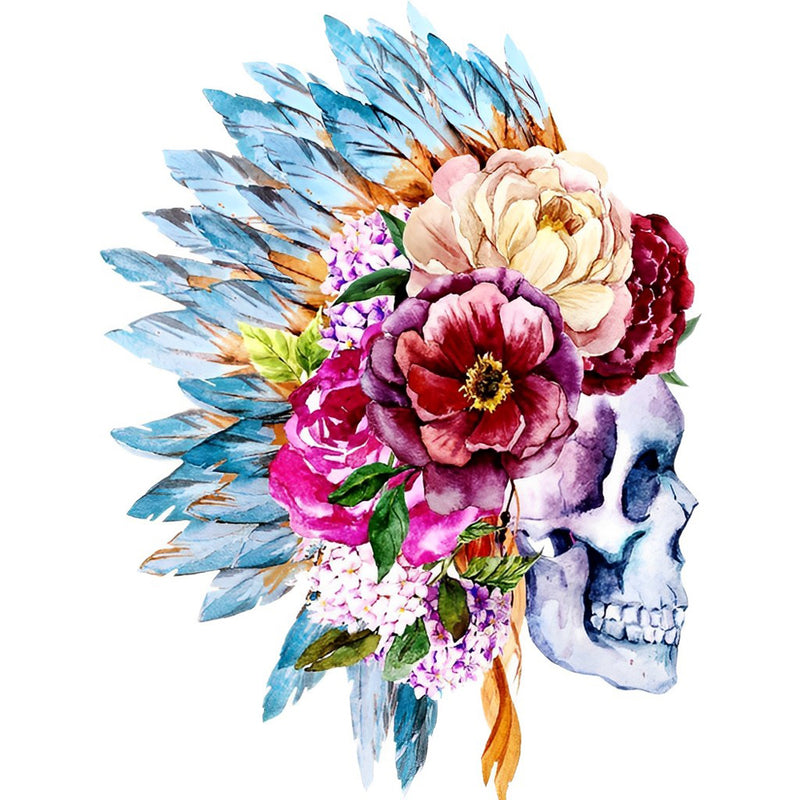 Totenkopf mit Federn und Blumen Diamond Painting