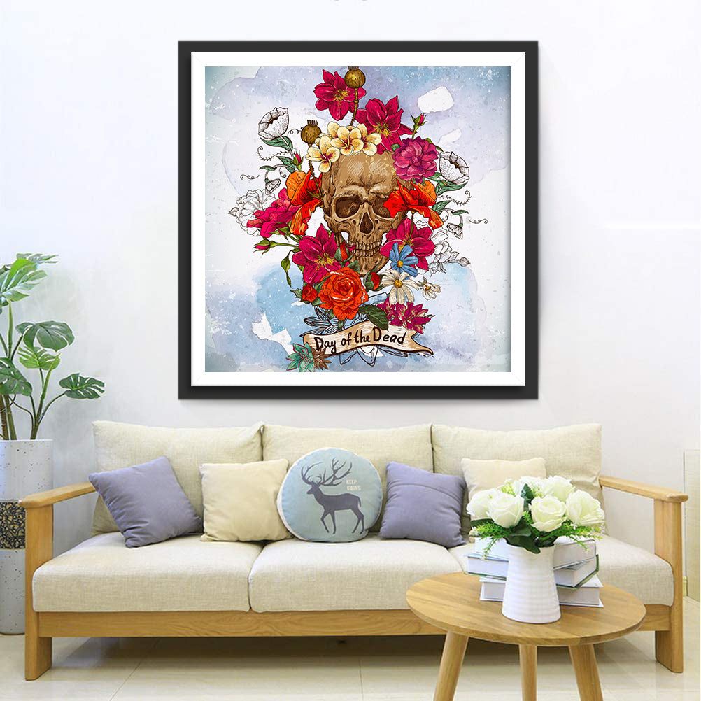 Totenkopf mit roten Blumen Diamond Painting
