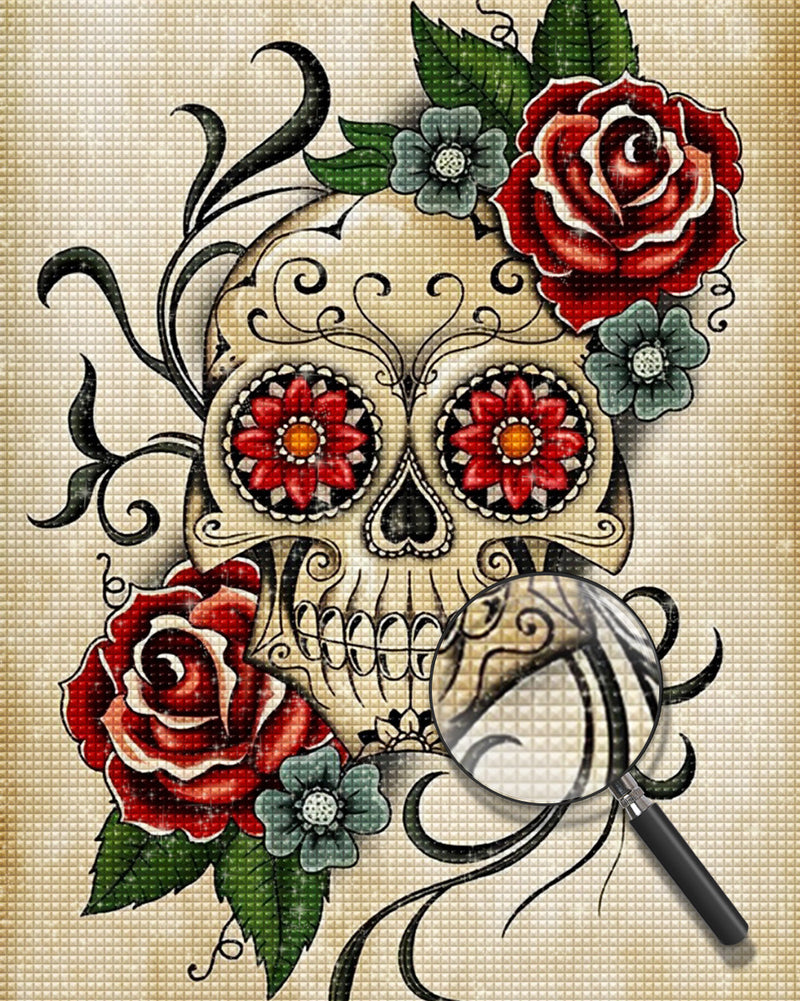 Totenkopf, Rosen und Chrysanthemen Diamond Painting