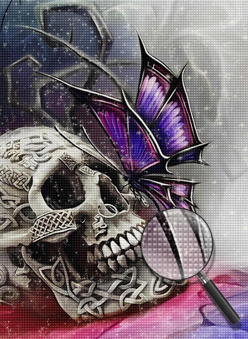 Totenkopf und lila Schmetterling Diamond Painting