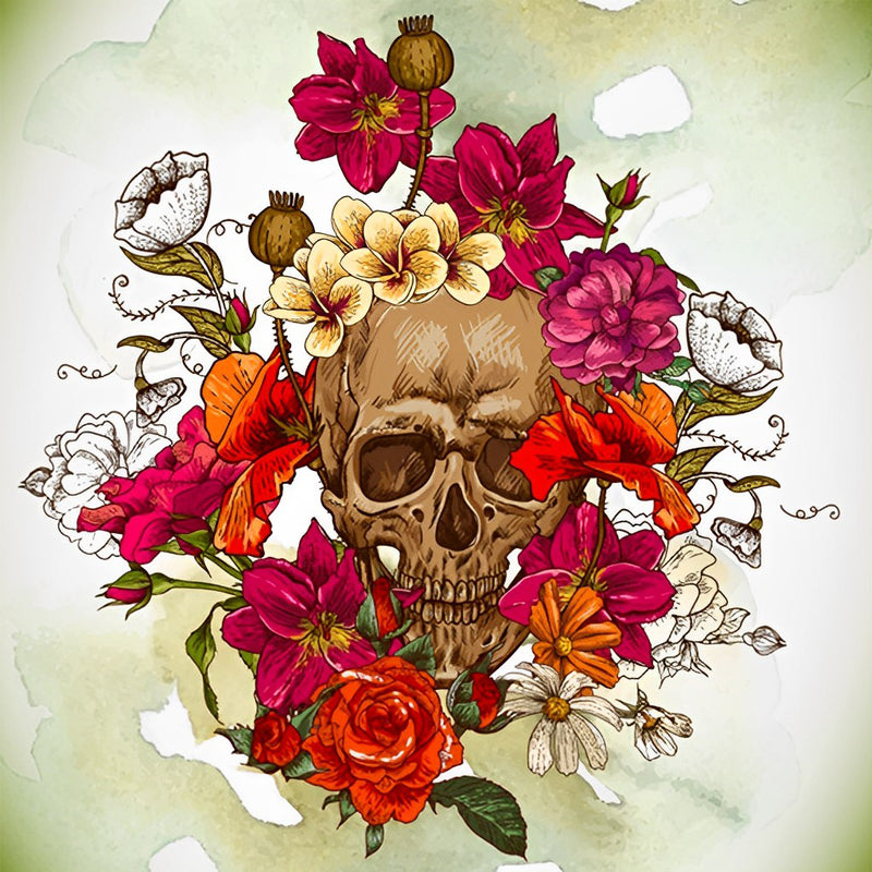 Totenkopf und rote Blumen Diamond Painting