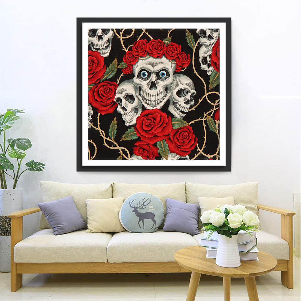 Totenkopf und rote Rosen Diamond Painting