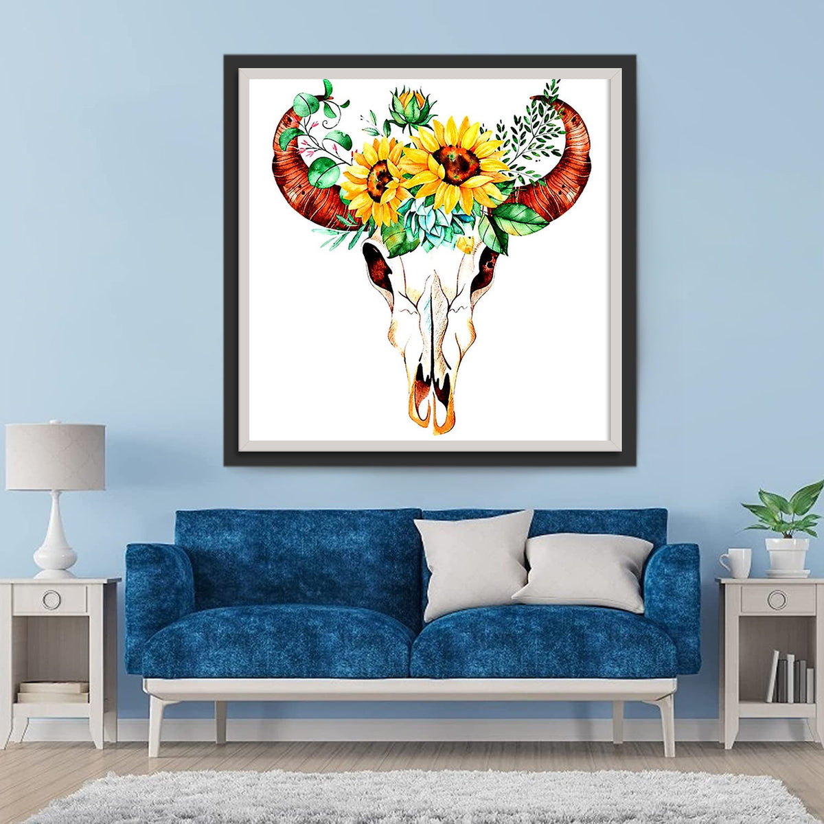 Totenkopf vom Rind mit Chrysanthemen Diamond Painting