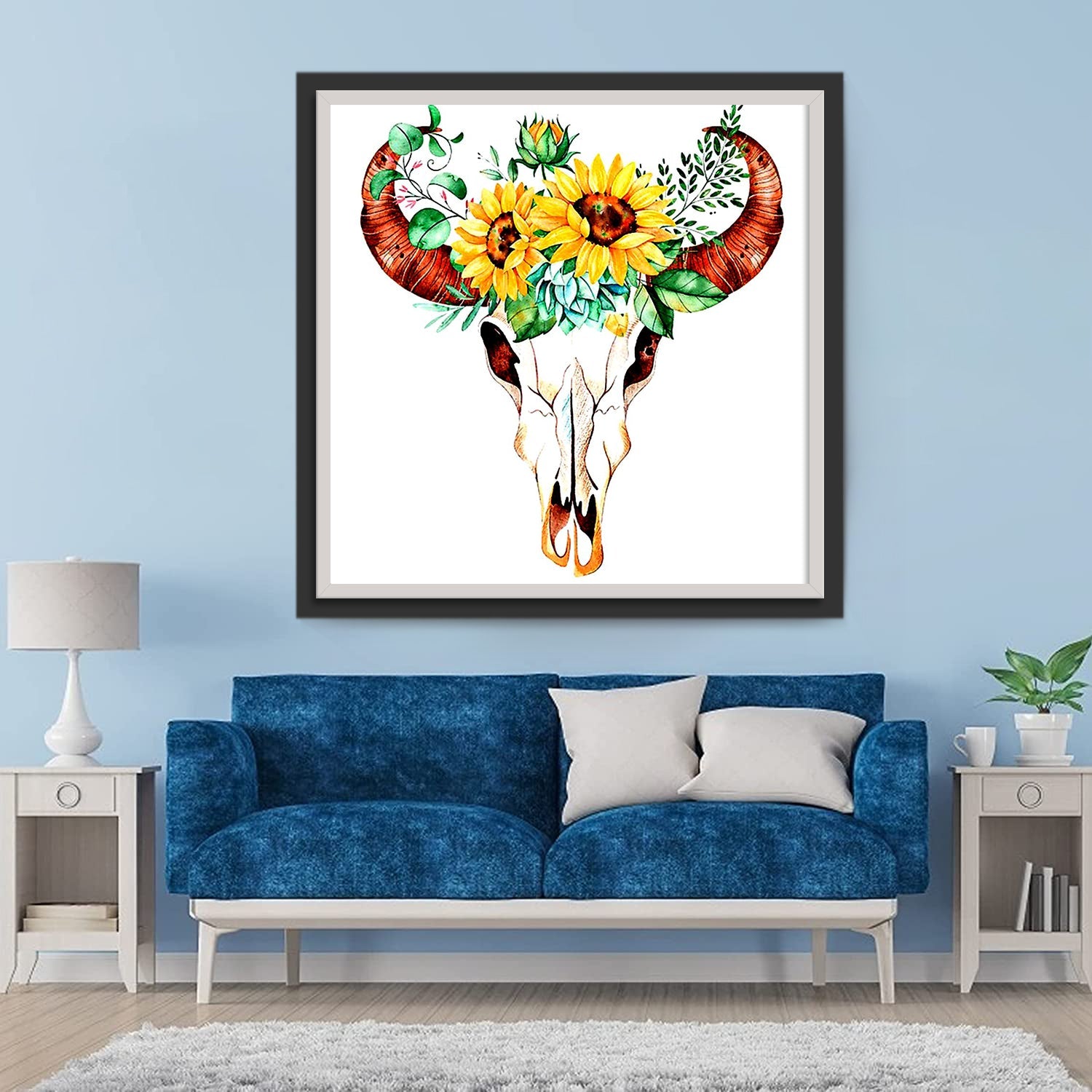 Totenkopf vom Rind mit Chrysanthemen Diamond Painting