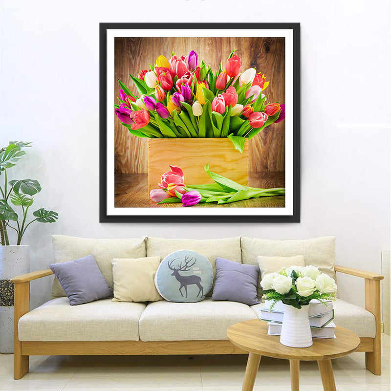 Tulpen in der Holzkiste Diamond Painting