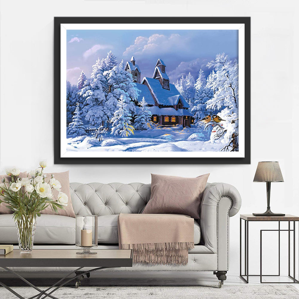 Verschneite Kiefern und Haus Diamond Painting