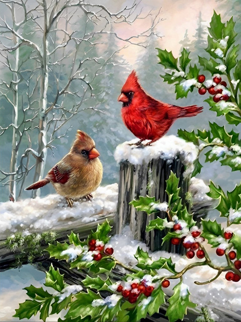 Vögel Beeren Schnee Diamond Painting