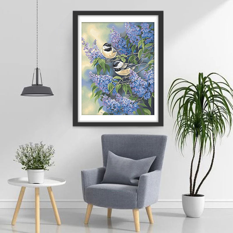 Vögel und lila Blumen Diamond Painting