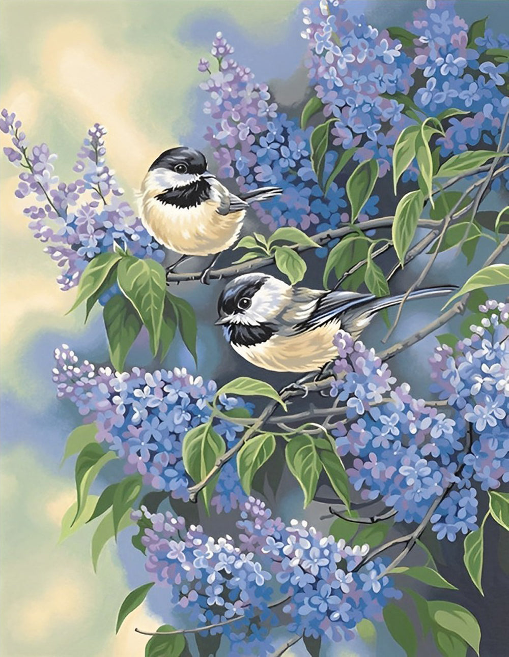 Vögel und lila Blumen Diamond Painting