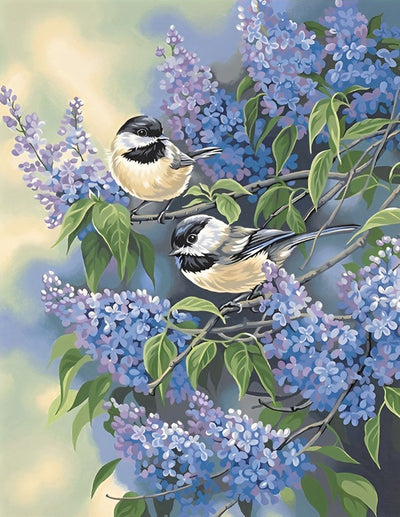 Vögel und lila Blumen Diamond Painting