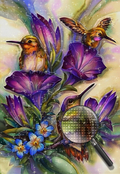 Vögel und lila Blumen Diamond Painting