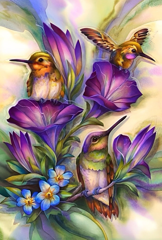 Vögel und lila Blumen Diamond Painting