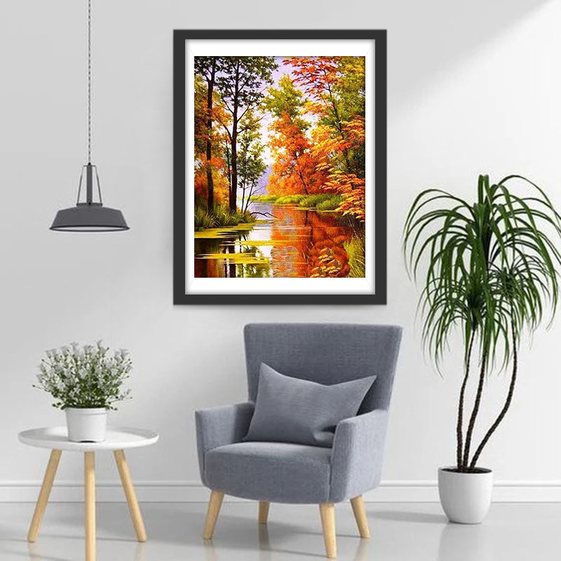 Wald am Fluss im Herbst Diamond Painting