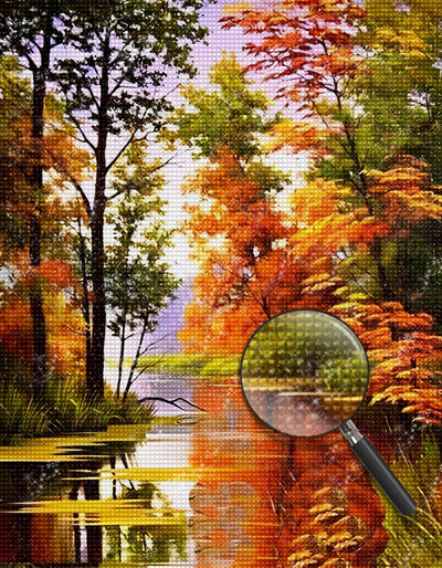 Wald am Fluss im Herbst Diamond Painting