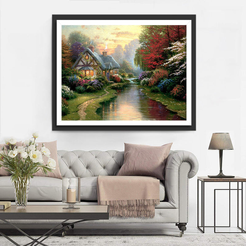 Wald, Fluss und Steinhaus Diamond Painting