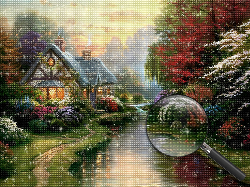 Wald, Fluss und Steinhaus Diamond Painting