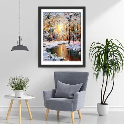 Wald und Fluss im Winter Diamond Painting