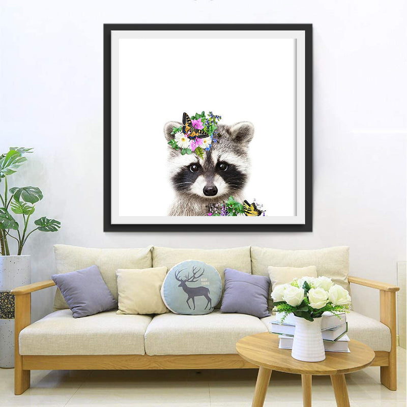 Waschbär mit Blumen und Schmetterlingen Diamond Painting