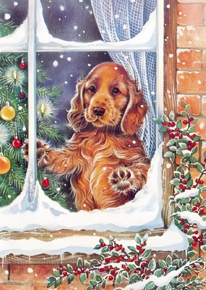 Weihnachten Hund Fenster Diamond Painting