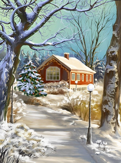 Weihnachtliche Hütte im Wald Diamond Painting