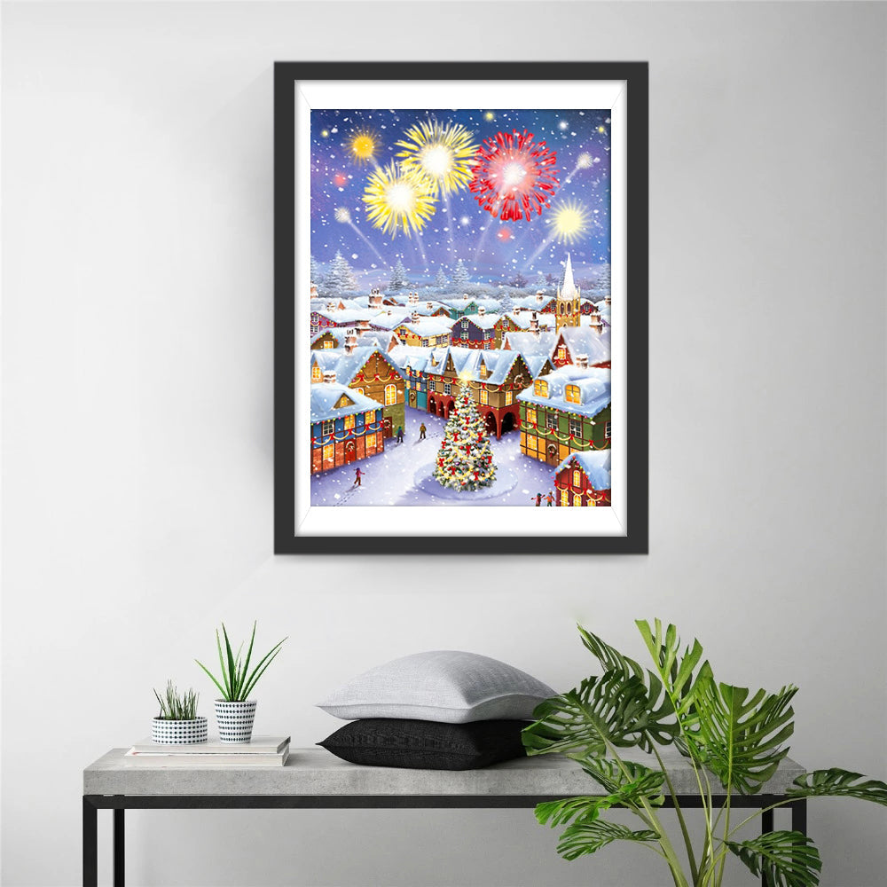 Weihnachtliche Stadt mit Feuerwerk Diamond Painting