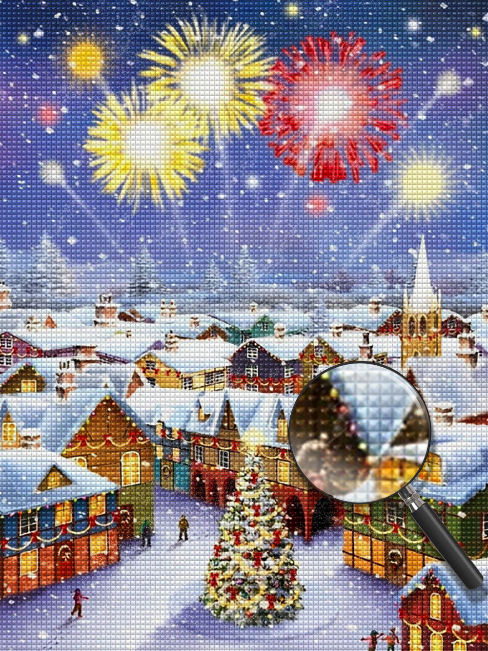 Weihnachtliche Stadt mit Feuerwerk Diamond Painting