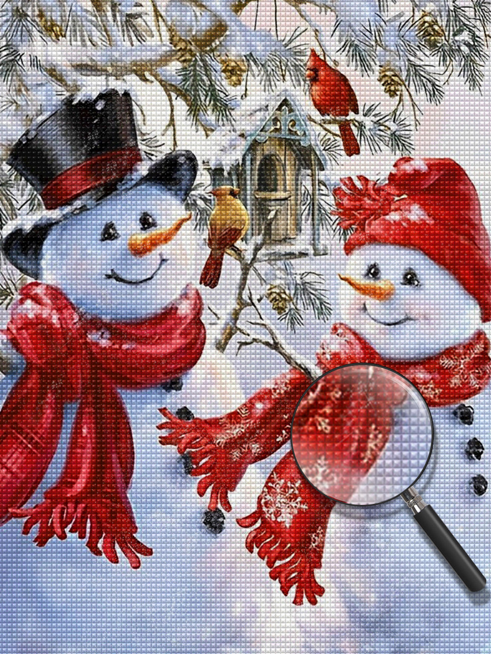 Weihnachtlicher Schneemann mit Schal und Vögel Diamond Painting