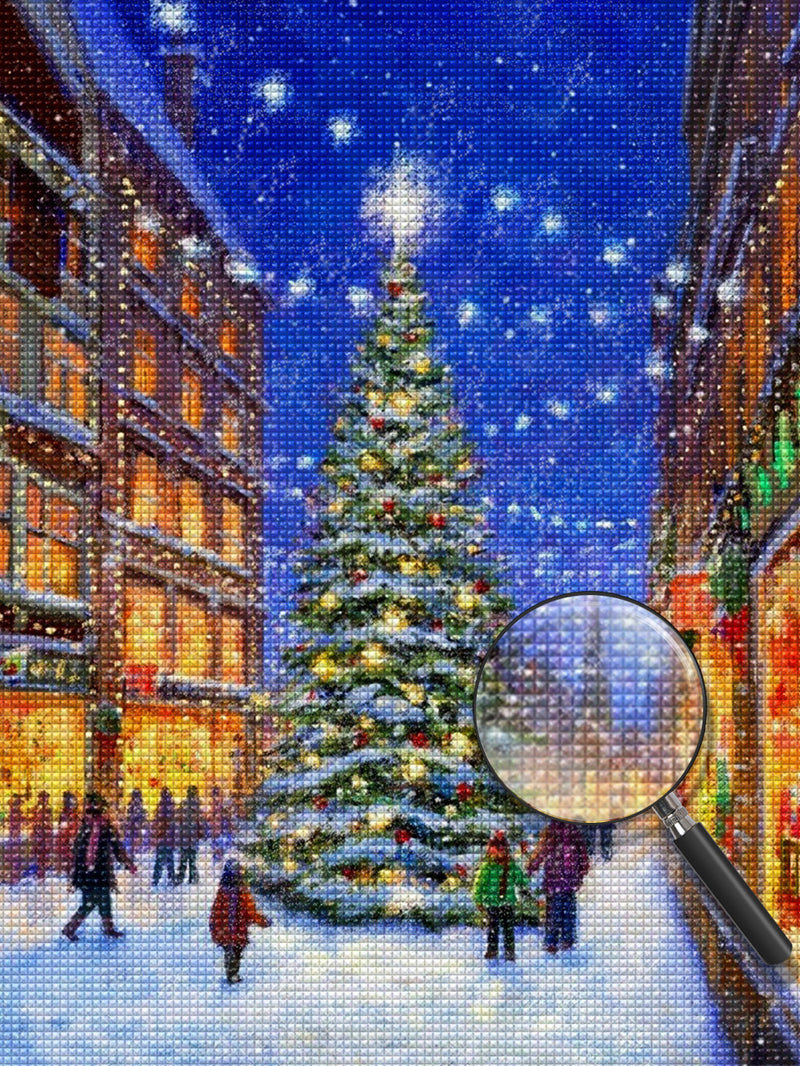 Weihnachtsbaum auf der Straße in der Stadt Diamond Painting