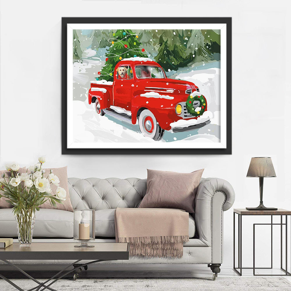 Weihnachtsbaum, Auto und Hund Diamond Painting