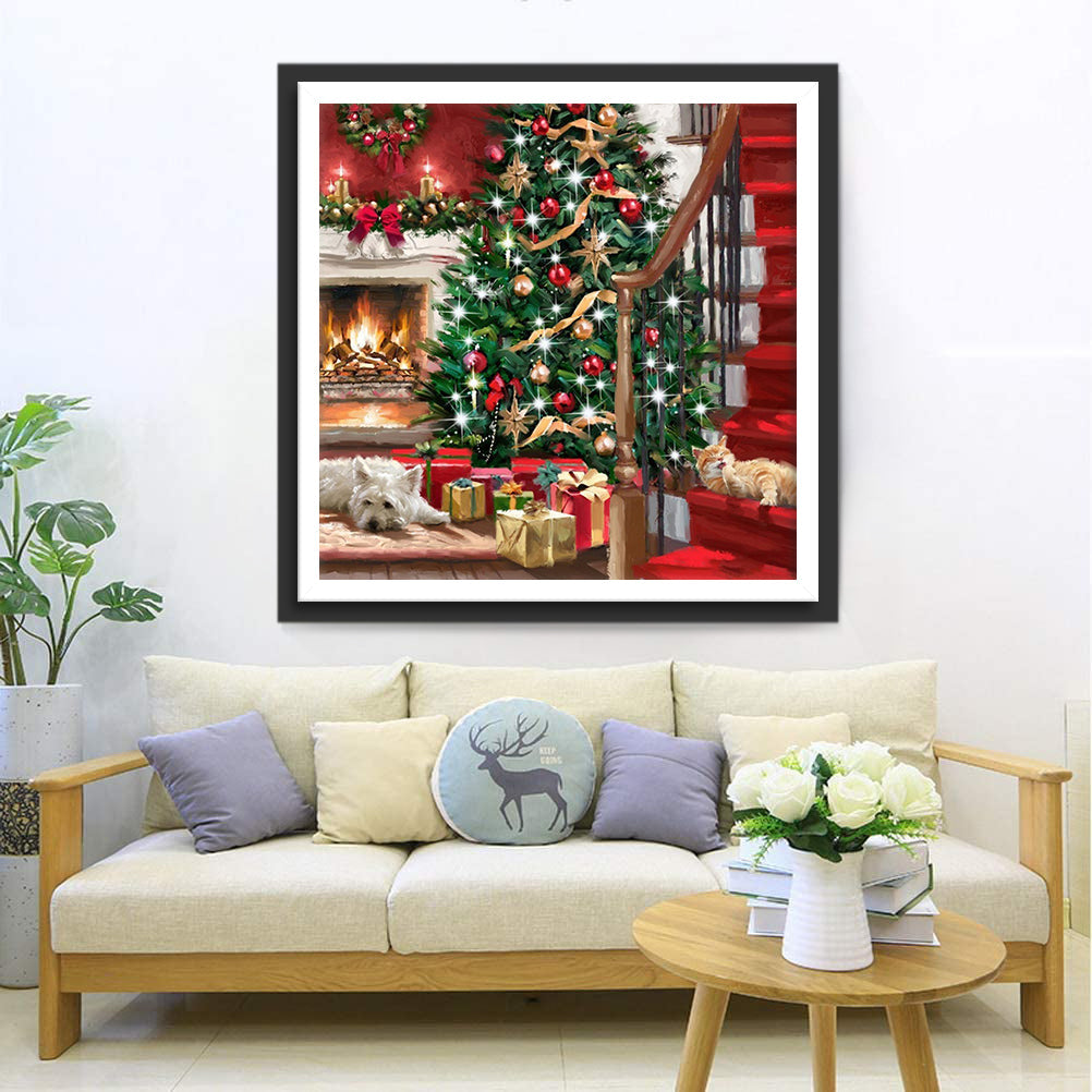 Weihnachtsbaum, Kamin, Katze und Hund Diamond Painting