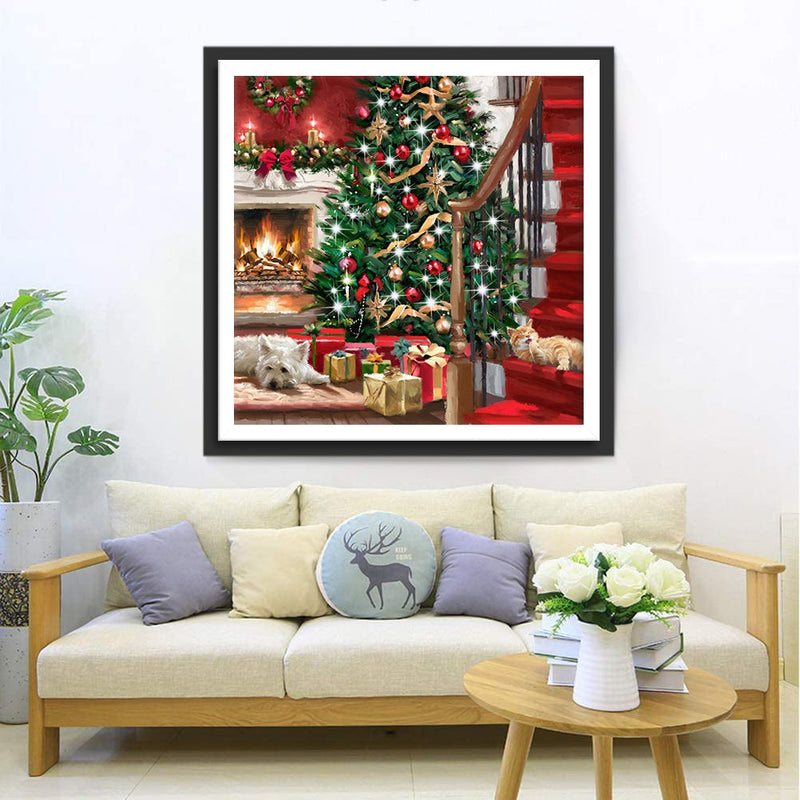 Weihnachtsbaum, Kamin, Katze und Hund Diamond Painting