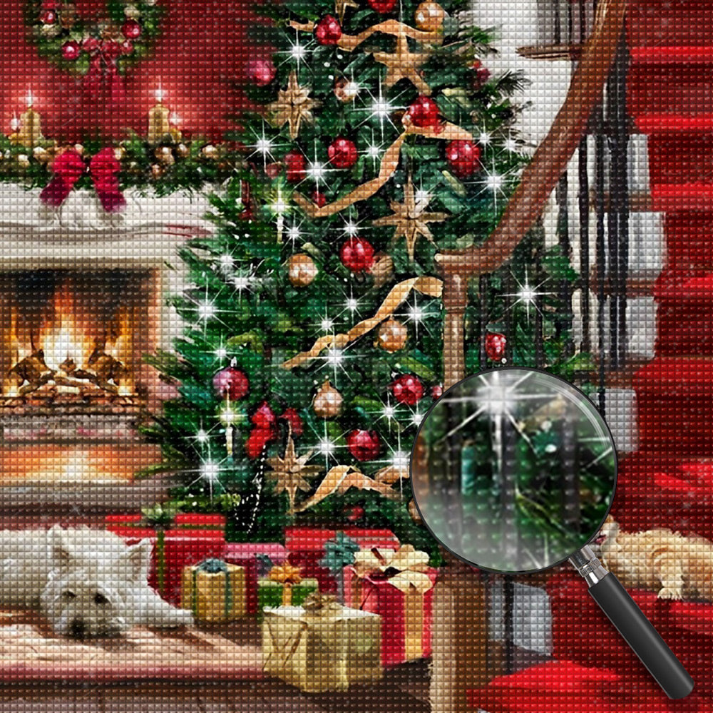Weihnachtsbaum, Kamin, Katze und Hund Diamond Painting