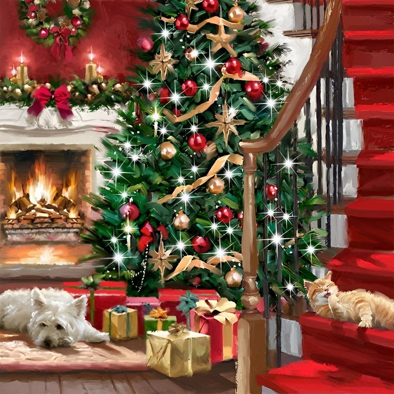 Weihnachtsbaum, Kamin, Katze und Hund Diamond Painting