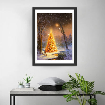 Weihnachtsbaum mit Licht im Wald Diamond Painting