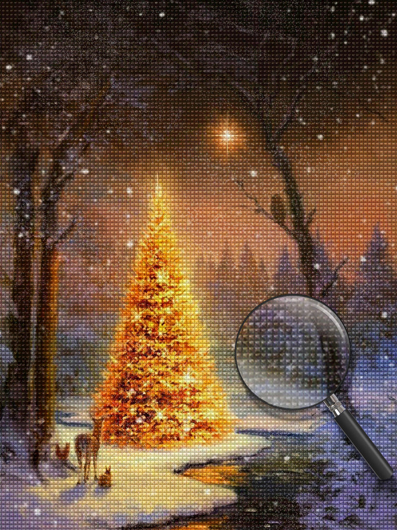 Weihnachtsbaum mit Licht im Wald Diamond Painting