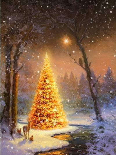 Weihnachtsbaum mit Licht im Wald Diamond Painting