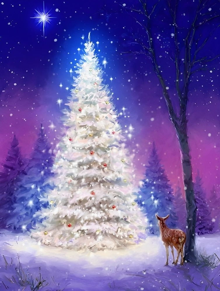 Weihnachtsbaum mit weißem Licht in der Nacht Diamond Painting