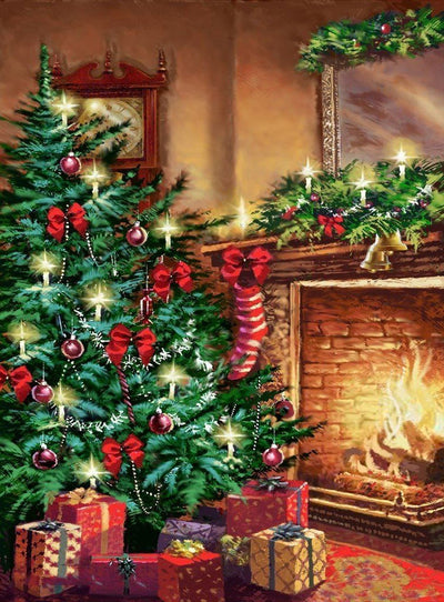 Weihnachtsbaum und Geschenke am Kamin Diamond Painting